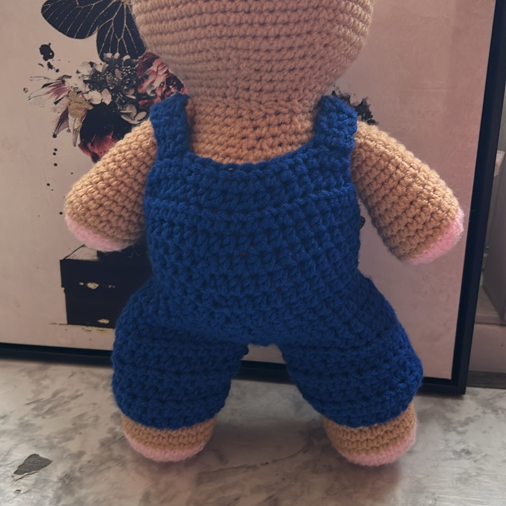 Crochet Teddy Bear with Blue Overalls - Handmade - Picture 3 of 3